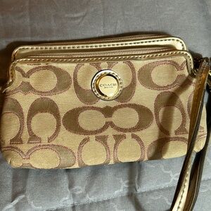 Coach wristlet - vintage classic monogram tan logo with pink outline